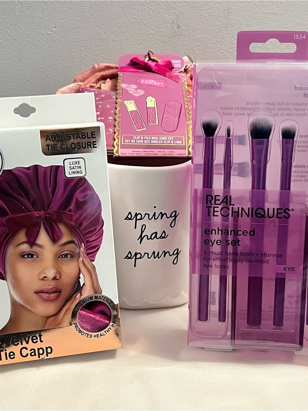 RAE DUNN Mug + Eye Brush Set, Velvet Bonnet & Nail Clip Set (NWT) 4-Piece Set.